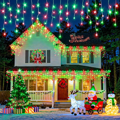 Icicle Lights for Outside, 33ft 400 LED Red and Green Christmas Lights 8 Modes with 75 Drops, Waterproof Christmas Icicle Light Outdoor Plug in for Indoor Party Holiday Halloween Decorations