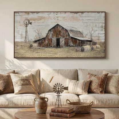Large Framed Farmhouse Wall Art for Living Room, Vintage Rustic Barn Horizontal Canvas Prints, Rustic Country Wall Decor for Bedroom Dining Room Hallway 30x60 Inch