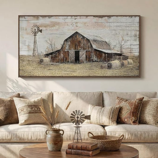 Large Framed Farmhouse Wall Art for Living Room, Vintage Rustic Barn Horizontal Canvas Prints, Rustic Country Wall Decor for Bedroom Dining Room Hallway 30x60 Inch