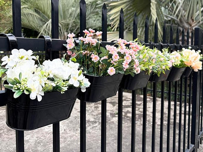 12" Balcony Railing Planters, Outdoor Hanging Planter for Fence, Stylish Metal Porch Deck Flower Pot for Herbs & Succulents (Black, Pack of 6)