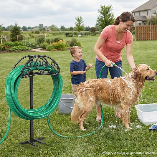 Sunvigor Garden Hose Holder, Heavy Duty Metal Hose Stand with 4 Spikes, Holds Up to 150FT Hose, No Drill Freestanding Hose Reel Alternative for Yard Lawn Outdoor