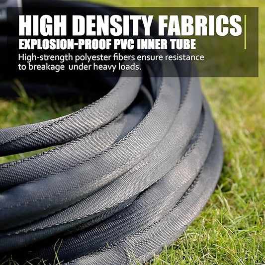 Non-Expandable Garden Hose 50feet, with 10 Function Hose Nozzle, Tough & Flexible, Lightweight, Crush Resistant Fittings, Kink & Tangle Free, Rust Proof（Black）