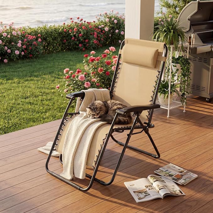 Alpen Set of 2 Outdoor Chairs, Lounge Chair with Cup Holder, Grey Foldable Tanning Chair for Poolside Patio Backyard and Outdoor Camping, Khaki