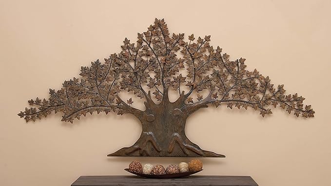 Deco 79 Metal Tree Home Wall Decor Indoor Outdoor Wall Sculpture with Leaves, Wall Art 92" x 42" x 1", Dark Brown