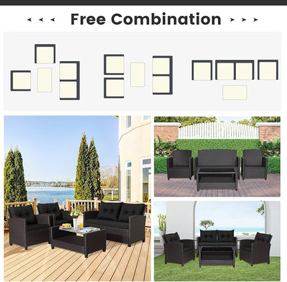 HAPPYGRILL 4 Pieces Patio Furniture Set Outdoor PE Rattan Conversation Set with 2-Tier Coffee Table, Extra Storage Shelf and Cushions, Patio PE Wicker Sofa Set for Garden Backyard Poolside