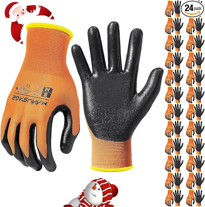 Safety Work Gloves Nitrile For Men and Women, with Touchscreen Fingers, Men's Work Gloves with Grip, Mechanics Gloves (Size XL, Orange, 24-pairs)