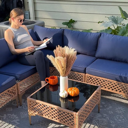FHFO 7 Piece Outdoor Wicker Patio Furniture Set, Rattan Sectional Sofa Couch, Patio Conversation Set with Cushion & Coffee Table, for Backyard Poolside Porch Garden, Yellow/Blue