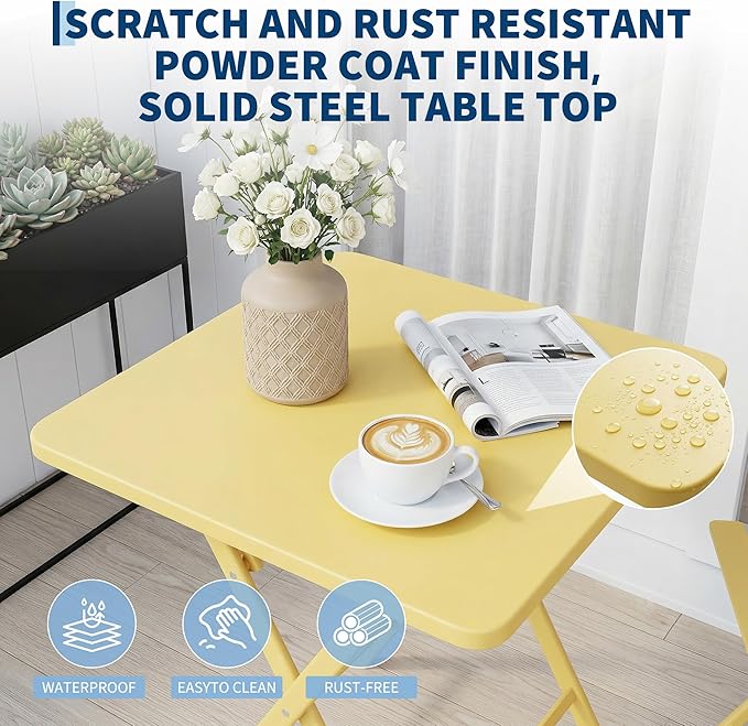 GarveeTech 3-Piece Folding Bistro Set, Heavy Duty Outdoor Patio Furniture with 2 Chairs & 1 Table, Weather-Resistant Steel Frame, No Assembly Required for Garden, Yard, Balcony,Yellow