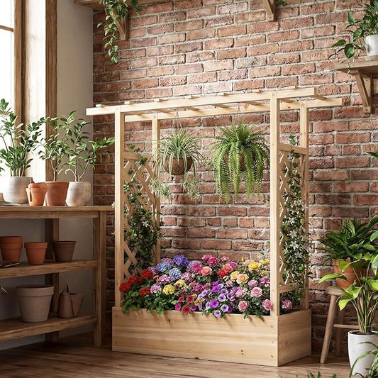 S AFSTAR Raised Garden Bed with Trellis, 2 Pieces Fir Wood Planter Box with Flat Roof & Drainage Holes, Vertical Planter Raised Bed for Climbing Plants, Flowers & Vegetables, 43" x 14" x 45" (Natural)