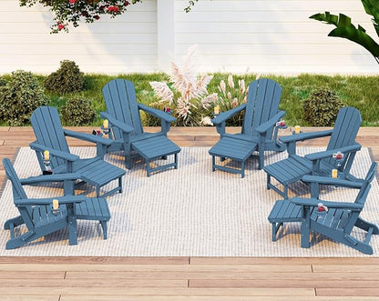 KINGYES Folding Adjustable Adirondack Chair with Ottoman & 2 Cup Holders Set of 6, HDEP Reclining Adirondack Chair with Footrest, Brown