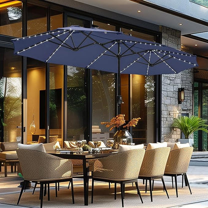 GREEN PARTY 13 ft Rectangle Patio Umbrella with Solar Lights, Double-Sided Market Table Umbrella with Crank, Large Outdoor Umbrellas for Patio Poolside Garden Backyard, Navy Blue
