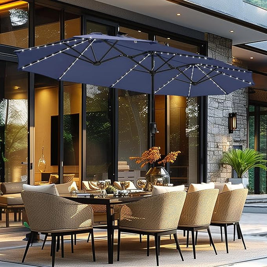 GREEN PARTY 13 ft Rectangle Patio Umbrella with Solar Lights, Double-Sided Market Table Umbrella with Crank, Large Outdoor Umbrellas for Patio Poolside Garden Backyard, Navy Blue