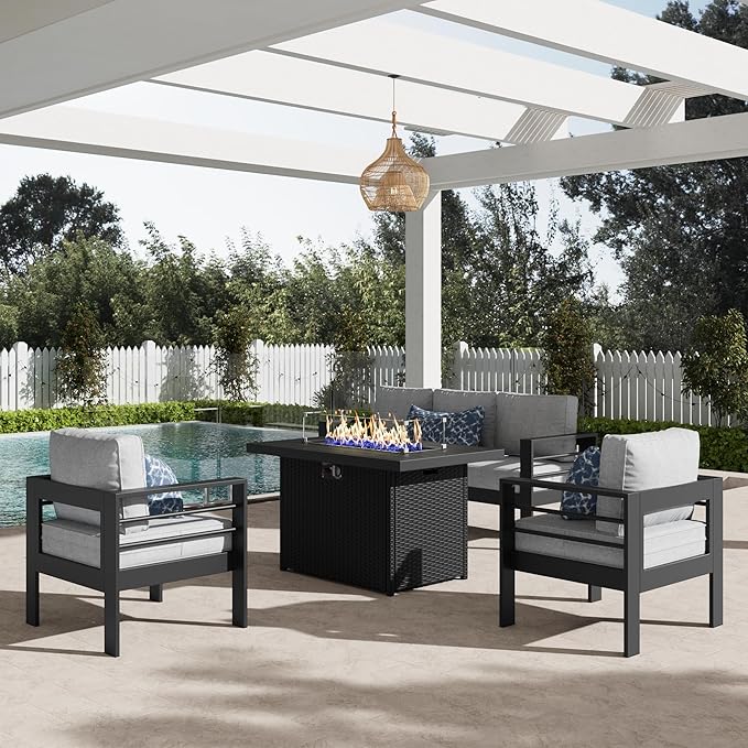 LayinSun Aluminum Furniture Set with Fire Pit Table, 4 Pieces Patio Sectional Conversation Chat Sofa Modern Seating Set