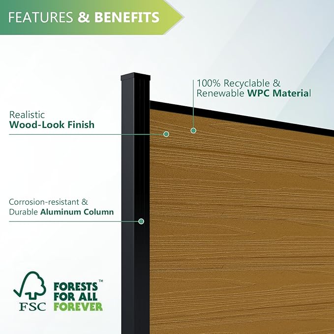 Mondaria Privacy Fence Panels for Outside, 6ft(W) x 6ft(H) Outdoor Fence with 2 Posts, Wind Resistant Wood Plastic Composite Fencing Panels for Patio,Backyard,Garden and Swimming Pool(Yellow Teak)