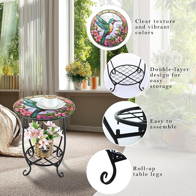 Cinnvoice Outdoor Side Table Round Small Mosaic Patio Accent Indoor End Plant Coffee Tea Table for Yard Patio Porch Garden Living Room, Bedroom(Hummingbird Style,12 Inch)