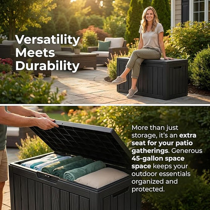 45 Gallon Deck Box, Waterproof Resin Outdoor Storage Box Lockable for Patio Furniture, Fade Resistant Patio Side Table & Organizer for Garden Tools, Pool Floats, Outdoor Cushions, Black