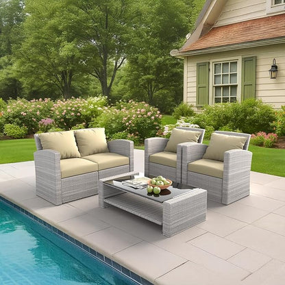 4 Piece Patio Furniture Set,Outside Rattan Sectional Sofa,Wicker Conversation Set with Cushion and Glass Coffee Table,Wicker Sofa Ideal for Garden,Porch,Beige