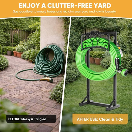Heavy-Duty Garden Hose Holder with Tool Hooks and Stable Base, Metal Hose Hanger Garden Hose Storage Holds 160Ft, Rustproof Freestanding Water Hose Holder for Outside, Yard, Lawn, Farm