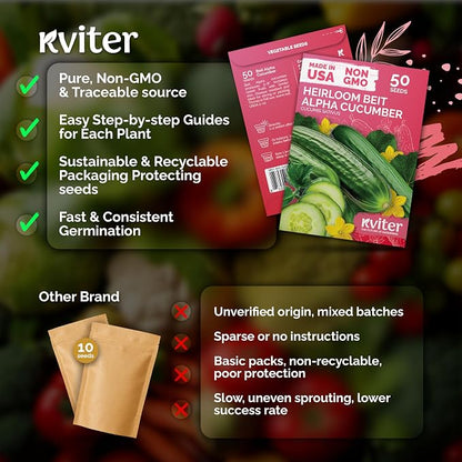 KVITER 50 Beit Alpha Cucumber Seeds for Planting (Cucumis sativus) – Persian Cucumbers, Parthenocarpic Cucumber – Non GMO, Heirloom Vegetable Seeds for Home Garden, Containers & Greenhouses