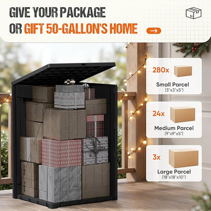 Flamaker 50 Gallon Deck Box, Package Delivery Box for Outside, Outdoor Package Drop Container for Gifts, Waterproof Plastic Storage Container with Lockable Secure for Porch (Black)