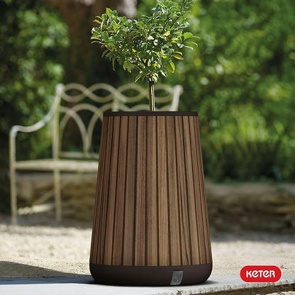 Keter Signature Conic 28.5 Inch Tall Round Large Wood Look Planter for Indoor or Outdoor Flower Pot Ideal for Patio Deck and Front Porch Decor, Rosewood