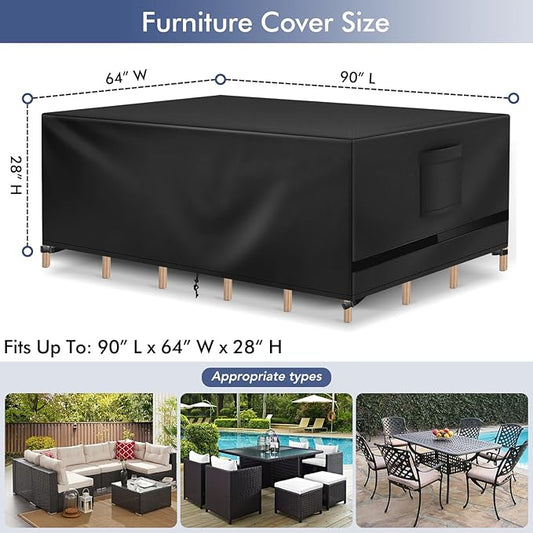 Richwon Patio Furniture Covers - Waterproof Rectangle, Heavy Duty for Outdoor Sectional Set (90"L x 64"W x 28"H), Black