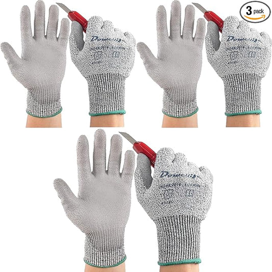 Dowellife 3 Pairs Level 5 Cut Resistant Work Gloves for Men and Women, PU Coated Breathable Gardening Gloves, Thin Flexible and Firm Grip for Mechanics and Fishing (X-Large, Grey)