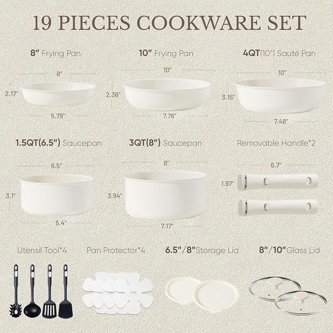 CAROTE 19pcs Pots and Pans Set Non Stick, Detachable Handle Cookware | Kitchen Cooking Sets, Space Saving, Dishwasher & Oven Safe, Non-Toxic, for Camping/RV/Traveling, Cream White