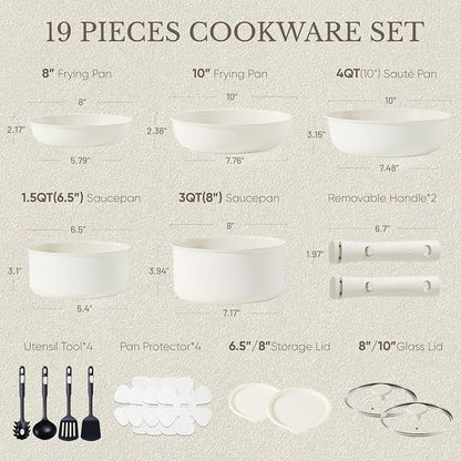 CAROTE 19pcs Pots and Pans Set Non Stick, Detachable Handle Cookware | Kitchen Cooking Sets, Space Saving, Dishwasher & Oven Safe, Non-Toxic, for Camping/RV/Traveling, Cream White