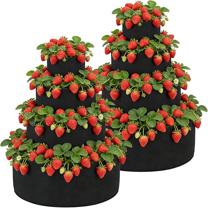2 PCS 4 Tiered Black Fabric Strawberry Planter 36 28 20 11 inch Strawberry Tower Planter Stackable Planters Strawberry Grow Kit