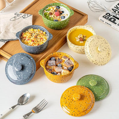 Stoneware Baking Ramekins Set of 4-10 Oz Mini Cocotte with Handles & Lids - Perfect for Oven Baking Souffle, Soup, Cobbler, Individual Serving Casserole Dishes, Orange