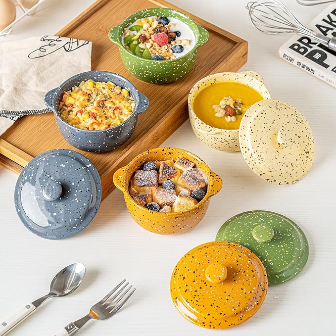 Ceramic Mini Cocotte Set of 4 for Oven,10 Oz Small Casserole Dishes with Handles and Lid,Individual Serving Pot for Souffle,Soup,Cobbler,Stoneware Baking Ramekins,Assorted Colors