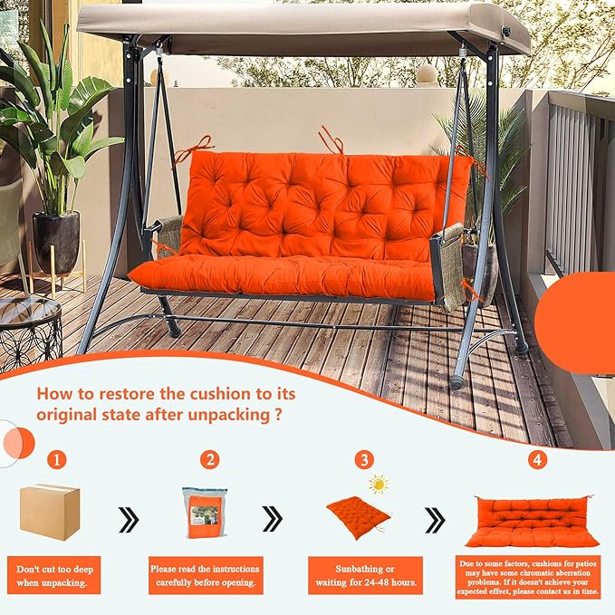 2/3 Seater Swing Replacement Cushion, Waterproof Porch Swing Cushions with Backrest, Thickened Bench Cushions for Outdoor Furniture, for Outdoor Patio Swing (Orange, 47 * 40 in)
