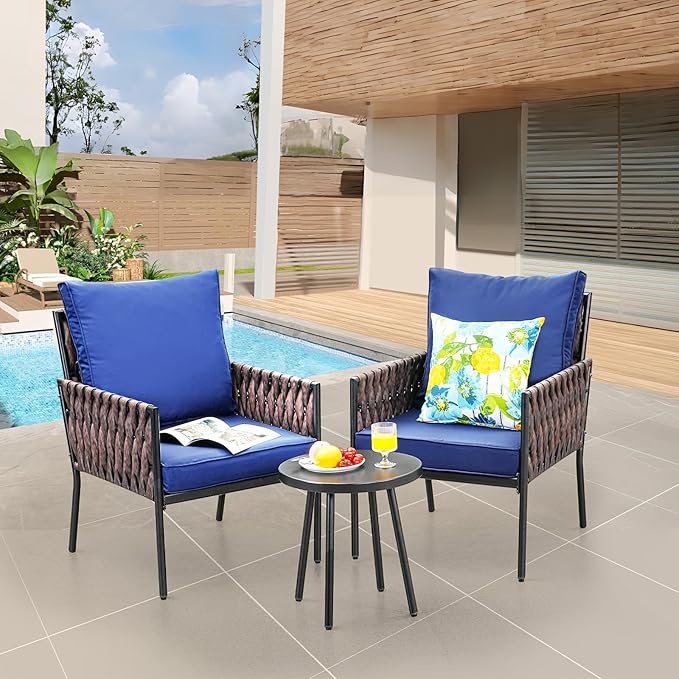 Patio Furniture Set, 3-Piece Wider Outdoor Metal Seating Sofa with High Back, Coffee Ta ble, All Weather Rattan Conversation for Garden,Backyard, Poolside-Navy
