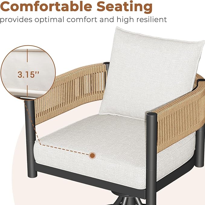 Grand patio Outdoor Dining Set for 6, 7PCS Patio Table and Chairs Set, Metal Woven Wicker Swivel Patio Chairs with Thickened Cushions & Rectangular Woodgrain Dining Table with Umbrella Hole (Natural)