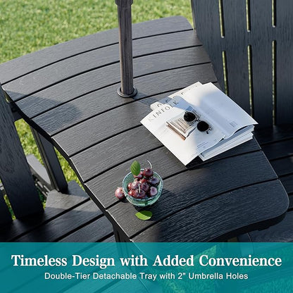 JY QAQA Outdoor Adirondack Chair Set of 2 with Detachable Table & Ottoman, All-Weather HDPE Patio Furniture with Wood Texture & Cup Holder for Patio, Poolside, Garden, Black