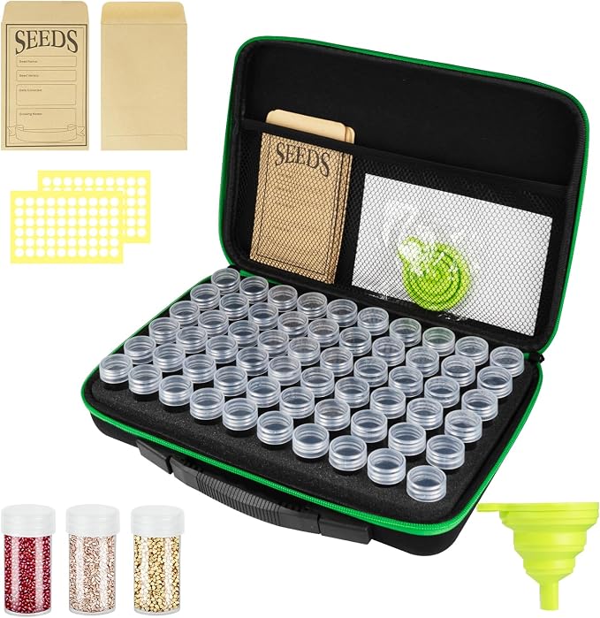 60 Slots Seed Storage Organizer with 10 Envelopes, Garden Seed Packet Container with Label Stickers Zipper Bag for Flower Plants Vegetable
