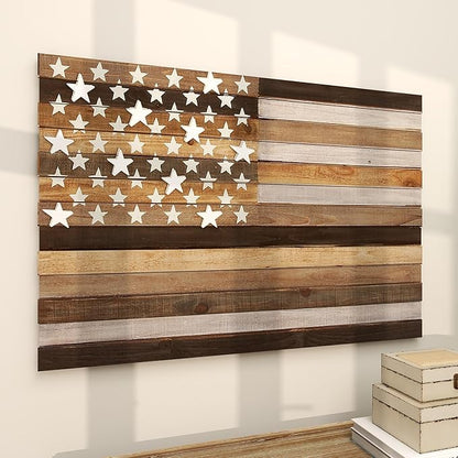 Deco 79 Wood American Flag Handmade Home Wall Decor Washed Wall Sculpture with Slatted Panels and Cream Stars, Wall Art 44" x 2" x 30", Brown