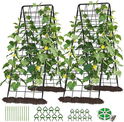DoCred Cucumber Trellis, 59" H 2 Pack Metal Foldable Thickened A Frame Garden Trellis for Raised Bed Climbing Plants, Vegetables, Including Plant Support Clips, Twist Ties, Plastic Ties, Black