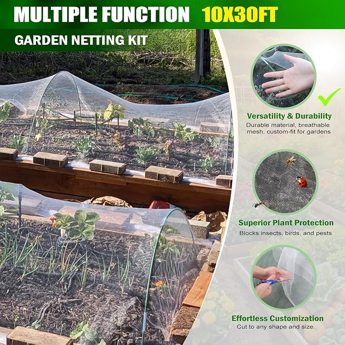 Garden Mesh Netting Kit, 2 Pack 10x30FT White Ultra Fine Netting & 8FT Fiberglass Garden Hoops, Garden Netting with Frame for Raised Beds, Garden Hoops and Netting for Row Cover, Plant Insect Barrier