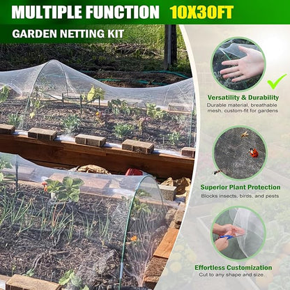 Garden Mesh Netting Kit, 2 Pack 10x30FT White Ultra Fine Netting & 8FT Fiberglass Garden Hoops, Garden Netting with Frame for Raised Beds, Garden Hoops and Netting for Row Cover, Plant Insect Barrier