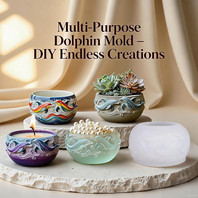 1Pc Dolphin Jar Silicone Mold, 3D Ocean Wave Bowl Resin Mold for Epoxy Casting Succulent Planters, Concrete, Clay, Candle Holders, Storage Box, Trinket Dishes DIY Home Decor Handmade Gifts