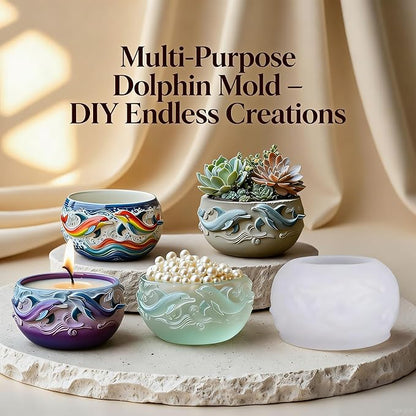 1Pc Dolphin Jar Silicone Mold, 3D Ocean Wave Bowl Resin Mold for Epoxy Casting Succulent Planters, Concrete, Clay, Candle Holders, Storage Box, Trinket Dishes DIY Home Decor Handmade Gifts