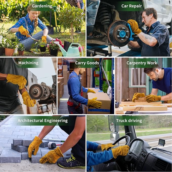 Leather Gardening Gloves for Men Women: Thorn Proof Cowhide Work Gloves for Yard Work Rose Pruning Heavy Duty