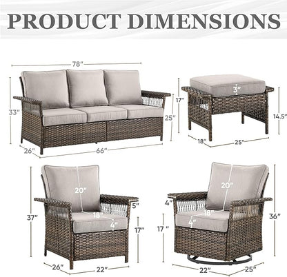 Patio Furniture Set 2 Wicker Swivel Glider Chairs 2 PE Rattan Chairs and 2 Ottomans with Beige Cushions Patio PE Rattan Side Table Brown Wicker Patio Conversation Set 7pcs