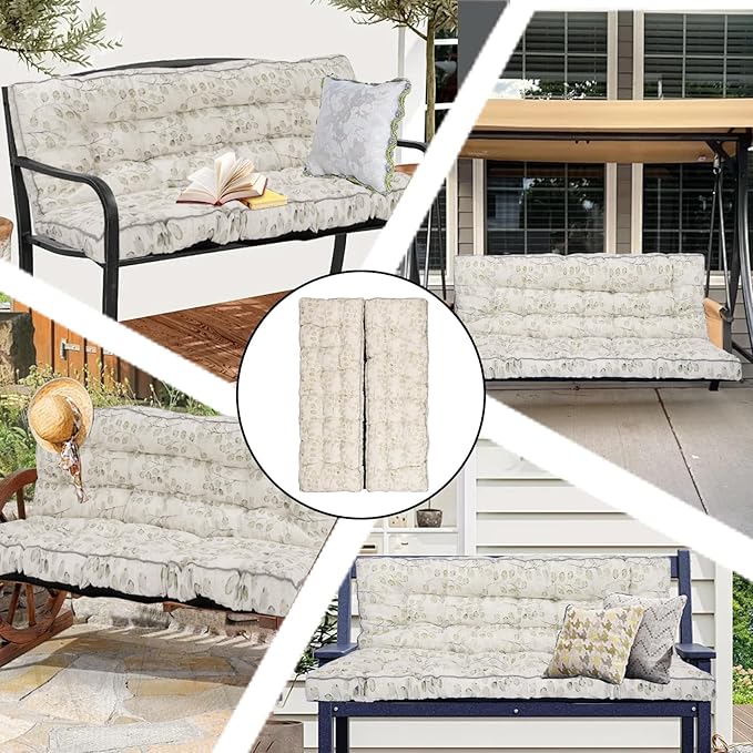 Porch Swing Cushion Three Seat, Waterproof Swing Cushions Replacement with Backrest, Outdoor Garden Furniture Patio 4" Thickened Cushions with Ties (White Leaves, 40 x 63in)