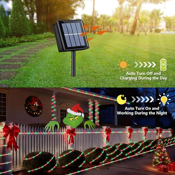YEGUO Solar Christmas Lights Outdoor Waterproof, 2 Packs Each 33ft 100 LED Rope Lights, 8 Modes Fairy String Lights in Clear Thin Tube for Camping Fence Patio Garden Trampoline Deck(Red and Green)