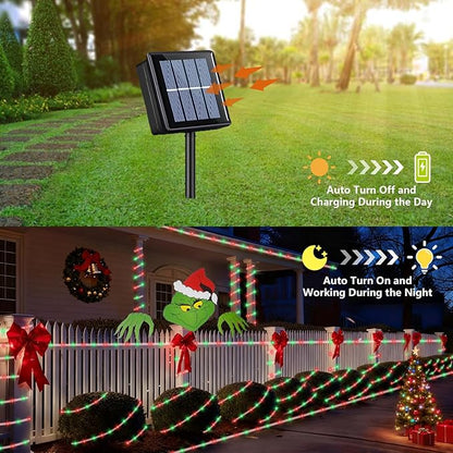 YEGUO Solar Christmas Lights Outdoor Waterproof, 2 Packs Each 33ft 100 LED Rope Lights, 8 Modes Fairy String Lights in Clear Thin Tube for Camping Fence Patio Garden Trampoline Deck(Red and Green)