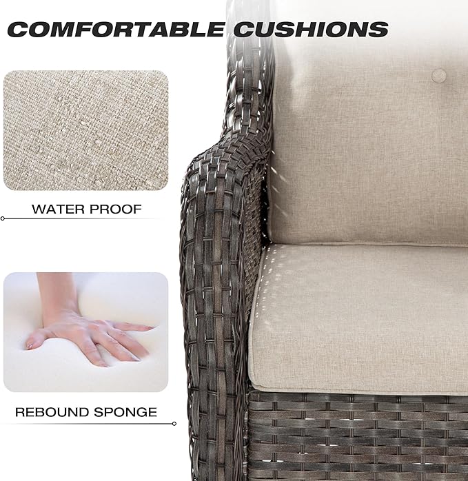 Joyside Patio Furniture Set 6 Pieces - Outdoor Rattan Furniture Set with 2 Armchairs, 2 Couch and 2 Ottomans, Olefin Cushions Included(Mixed Grey/Beige)
