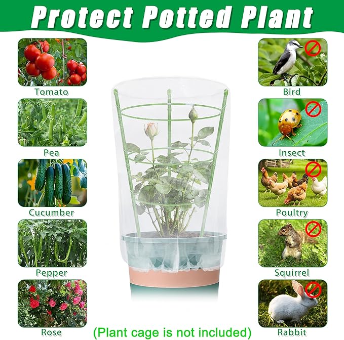 4 Pcs Garden Bird Netting for Small Round Plant Cage, 23" H x 8" W Tomato Cage Mesh Plant Cover with Drawstring, Small Plants Trelli Pest Barrier Garden Protection Net for Pots Plants Vegetables